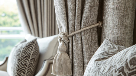 A textured curtain pulled back by a luxurious tassel tieback, capturing classic style and sophistication in a finely decorated space.の素材