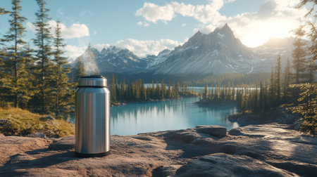 A thermos with hot coffee and steam, resting on a hiking trail with a scenic lake in the background, capturing outdoor adventure.の素材