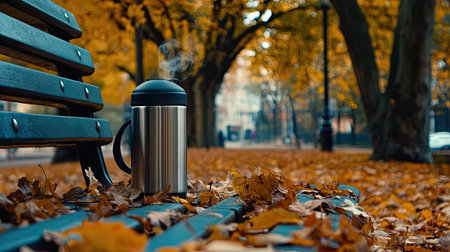 A thermos mug of tea with steam on a park bench, surrounded by fallen autumn leaves, creating a peaceful outdoor moment.の素材