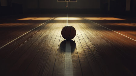 A volleyball on a gym court floor, balanced perfectly over a white line, with the wooden texture and markings creating a game-ready feel.の素材