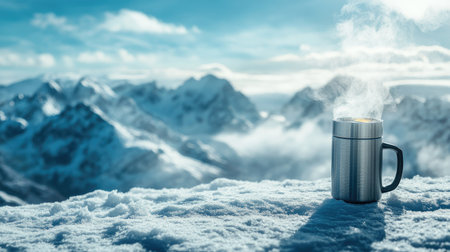 A travel thermos mug filled with hot tea, placed on a snowy surface with steam swirling in the cold air, creating a warm contrast.の素材