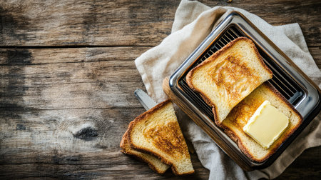 A toaster on a rustic wooden table with two slices of toast ready, accompanied by butter and a knife nearby.の素材