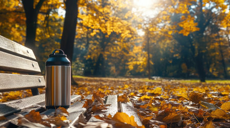 A thermos with hot tea on a wooden bench in the forest, with fallen leaves and morning sunlight highlighting the scene.の素材