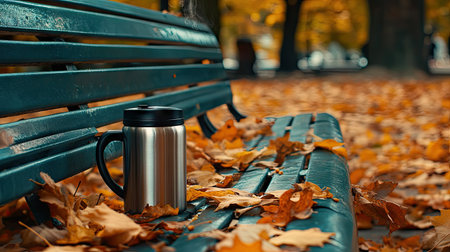 A thermos mug of tea with steam on a park bench, surrounded by fallen autumn leaves, creating a peaceful outdoor moment.の素材