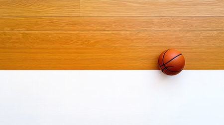 A volleyball lying at the edge of a white sideline on a wooden court, with simple yet effective contrast in a game-ready setting.の素材