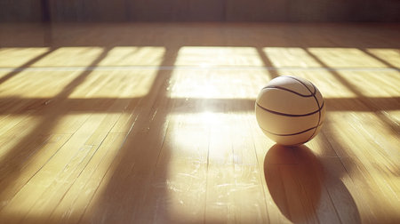 A volleyball on a wooden gym court floor, centered over a bright white sideline, representing focus and readiness for the game.の素材