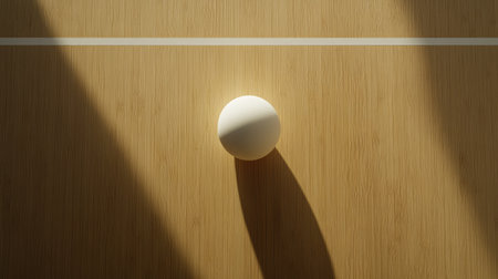 A volleyball centered on a wooden court floor, with a single white line in the background, creating a minimalist sports aesthetic.の素材