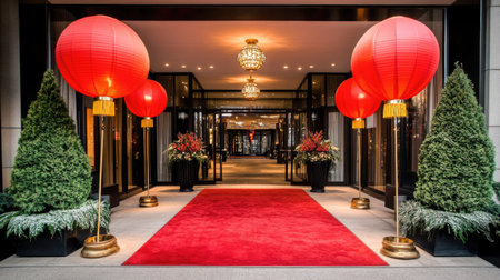 A vibrant row of Chinese lanterns casting a soft glow over a decorated entrance, celebrating the spirit of the Lunar New Year.の素材