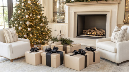 Beautiful gift boxes with elegant bows under a modern, minimalist Christmas tree, creating a chic and festive look in a warmly lit room.の素材