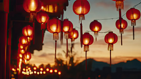 Bright red Chinese lanterns hanging in rows against a twilight sky, illuminating the night with warm, festive glow during the New Year celebration.の素材