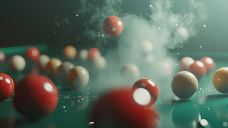 Balls scattered across a snooker table, with a hint of steam rising, capturing the tension of a high-stakes game.の素材