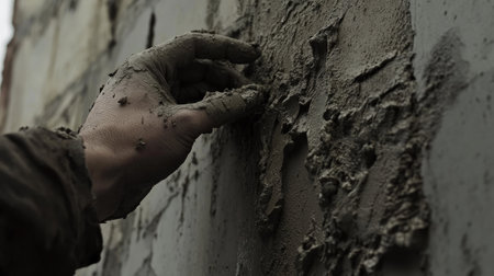 Close-up of a hand positioning bricks with fresh mortar on an exterior wall, capturing the precision required in bricklaying.の素材