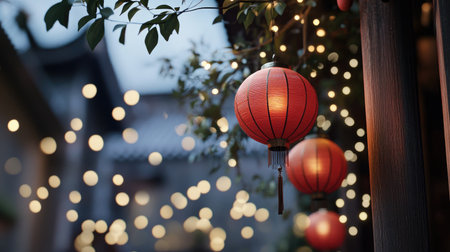 Chinese lanterns glowing under a night sky, hanging from wooden beams in a traditional courtyard to welcome the New Year.の素材