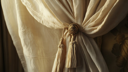 Close-up of a curtain with an ornate tassel tieback, the textured fabric draped smoothly, creating a warm, refined look in the natural light.の素材