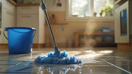 Mop gliding over a tile floor, leaving a clean, shiny surface, with a bucket of soapy water nearby, capturing a fresh, spotless homeの素材