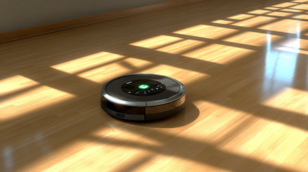 Robot vacuum on a polished floor, collecting dust in an organized, minimalist home environment, showcasing smart home functionalityの素材