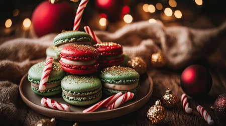 Festive red and green Christmas macarons topped with edible glitter and candy canes on a cozy holiday-themed table with ornamentsの素材