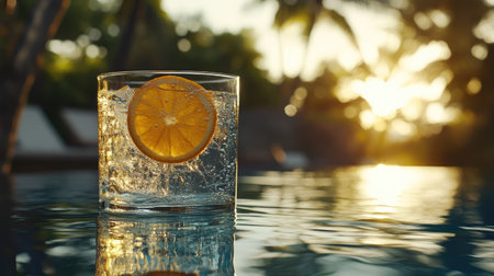 Tropical cocktail in a glass with a slice of orange, sitting on the edge of a resort pool, evoking relaxation and leisureの素材