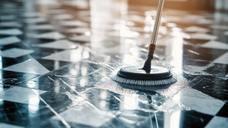 Wet mop cleaning tiles, leaving a shiny path and reflections on a spotless floor, ideal for a fresh, organized home vibeの素材