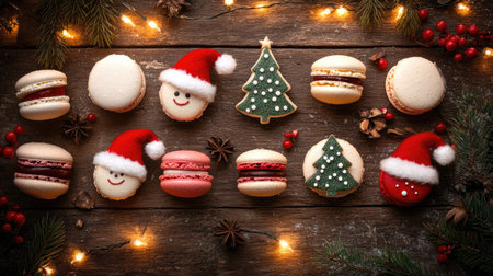 Elegant display of Christmas macarons shaped like Santa hats, trees, and snowmen on a rustic wooden table, surrounded by fairy lightsの素材