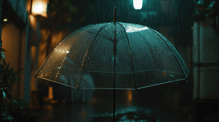 Transparent umbrella with water droplets under heavy rain, with raindrops streaming down in a moody, cinematic settingの素材