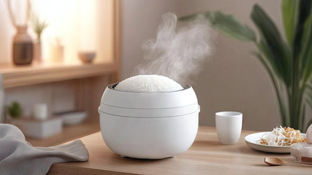Freshly cooked rice steaming in an electric rice cooker, with delicate wisps of steam filling the air, creating a cozy, home-cooked atmosphere.の素材