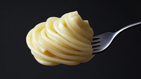 Elegant forkful of spaghetti twirled perfectly, with olive oil sheen and isolated against a black background for a refined, minimalist lookの素材