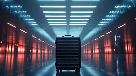 Single suitcase in an expansive, empty airport hall, surrounded by bright lights and reflective floors, representing solitude and travelの素材