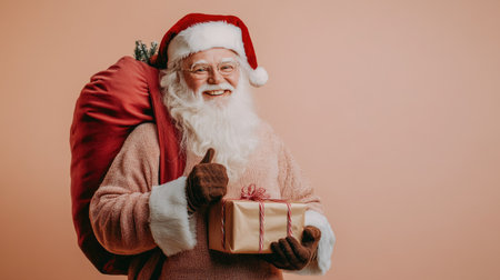 Santa Claus carrying a red bag of gifts on his back, holding a beautifully wrapped gift box, isolated on a neutral background.の素材
