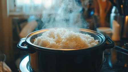 Rice cooking in an electric rice cooker, steam escaping in delicate wisps as lid lifts, creating a cozy, inviting feel in the kitchen.の素材