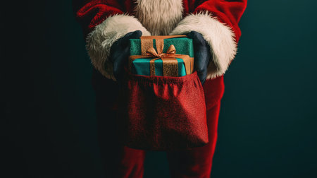 Santa holding a colorful, wrapped gift box, his red gift bag brimming with presents, isolated on a plain background, showcasing holiday spirit.の素材