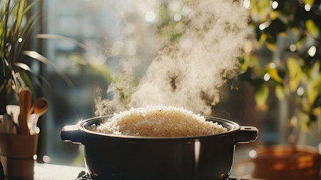 Warm steam escaping from an electric rice cooker filled with rice, lid open to reveal perfectly cooked grains, in a homely setting.の素材
