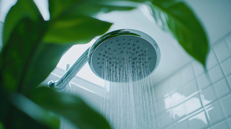Polished chrome shower head in a bright bathroom, surrounded by white tiles and gentle water droplets, creating a fresh, luxurious feelの素材