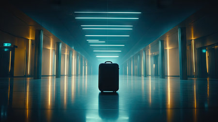 Single suitcase left in the middle of a large, empty airport hallway with bright lighting and polished floors, capturing the calm of early travelの素材