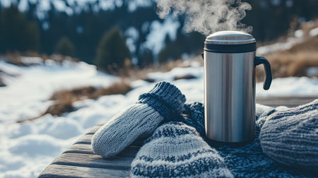 A cozy winter scene with a thermos mug and steaming tea, alongside a pair of gloves and a wool hat on a snowy bench.の素材