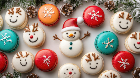 Snowman and reindeer-themed macarons in holiday colors, arranged on a table with Christmas garland, ready for a holiday celebrationの素材