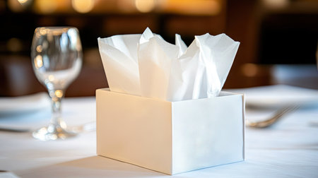 Tissue paper in an elegant box on a dining table, with subtle decor details in the background enhancing the cozy atmosphere.の素材