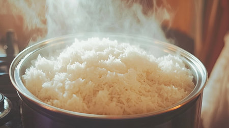 Rice cooking in an electric rice cooker with steam rising softly, lid open to reveal freshly cooked, fluffy rice.の素材