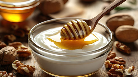 A close-up of a spoon dipping into thick, rich yogurt in a glass bowl, with honey drizzled on top and nuts as garnish.の素材