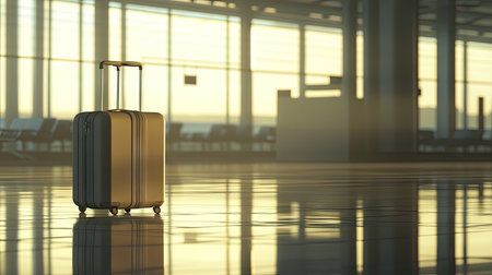 Suitcase left alone in a bright, empty airport hall with reflective floors and open spaces, embodying the tranquility of an early travel morningの素材