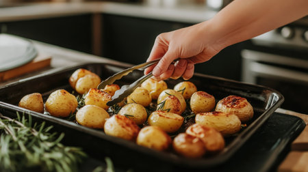 A hand with tongs picking up roasted potatoes from a baking sheet, with rosemary sprigs and a cozy kitchen setting in the background.の素材