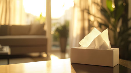 White tissues in a simple, elegant napkin box placed on a table, with a calm, sunlit living room in the background.の素材