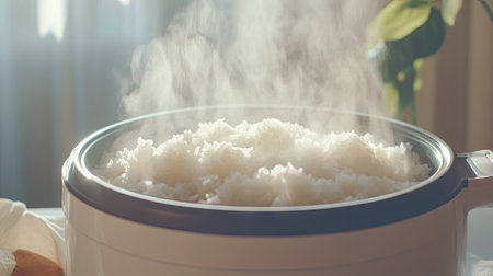 Steaming rice inside an electric rice cooker, lid lifted to reveal soft grains, with wisps of steam rising, creating a cozy, home-cooked feel.の素材