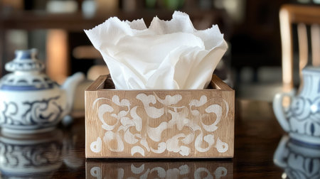 Tissue paper emerging from a textured napkin box, set on a dining table with soft focus on surrounding decor and a cozy atmosphere.の素材