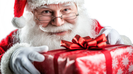 Santa Claus with a large red gift bag, pulling out a wrapped present with a bow, isolated on a white background, radiating festive cheer.の素材
