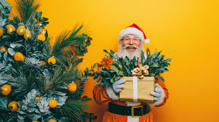 Santa Claus holding a large bag full of presents, offering a wrapped gift box in hand, isolated on a bright background for a holiday feel.の素材