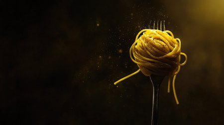 Twirled spaghetti noodles on a fork, isolated on a black background, with a touch of oil glistening under soft lightingの素材