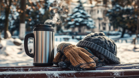 A cozy winter scene with a thermos mug and steaming tea, alongside a pair of gloves and a wool hat on a snowy bench.の素材