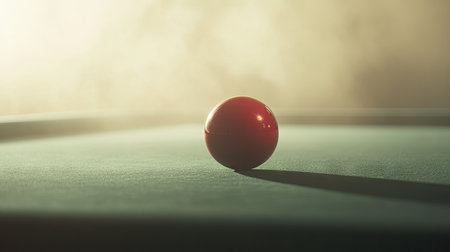 A red snooker ball on the edge of a pocket, surrounded by a light mist, ready for a dramatic finish.の素材