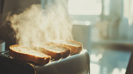 A close-up shot of a toaster ejecting perfectly toasted bread slices, with soft morning light filling the kitchen.の素材